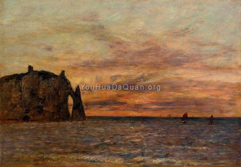 Etretat, La Falaise d'Aval on Sunset - 尤金·布丹